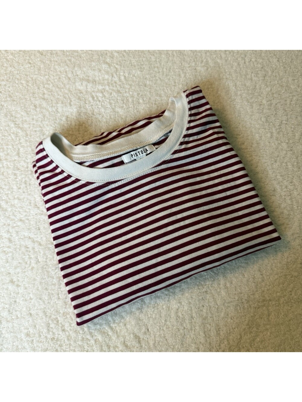 Pistola Striped Crewneck T-Shirt Women’s Medium Burgundy White Rolled Sleeve